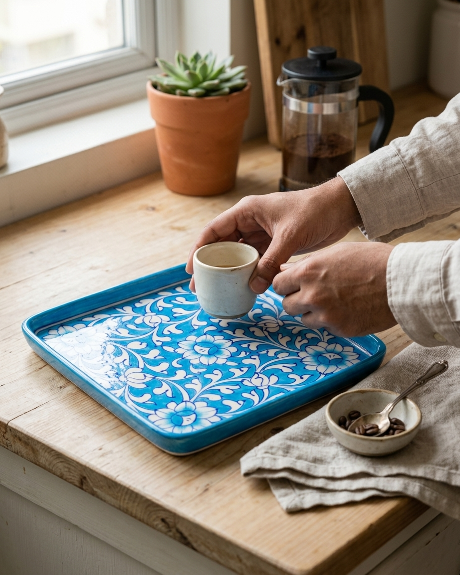 The Aasmani Darbar Plate - Blue Pottery square plate