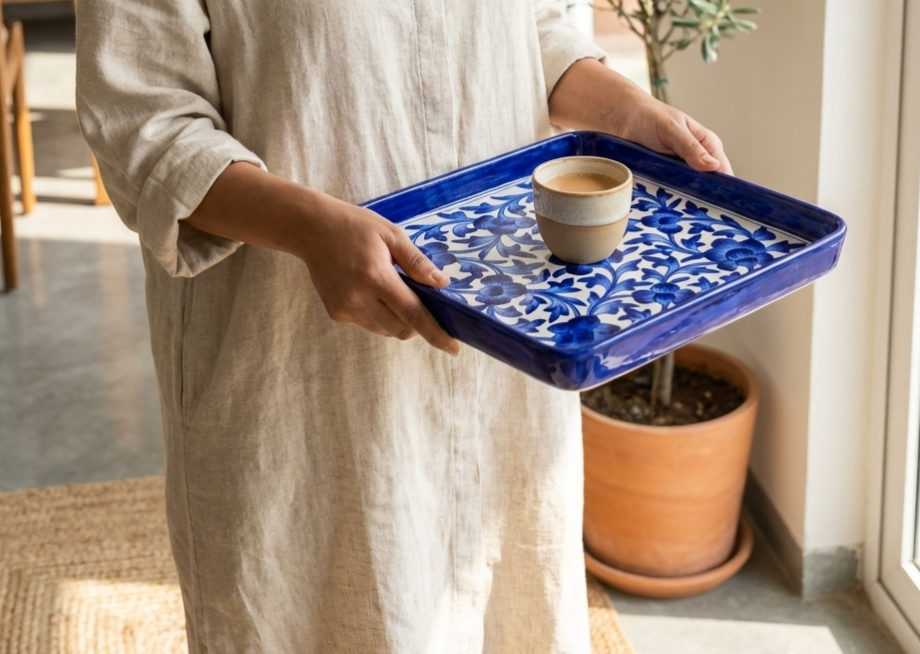 The Neelambari Darbar Plate - Blue Pottery square plate