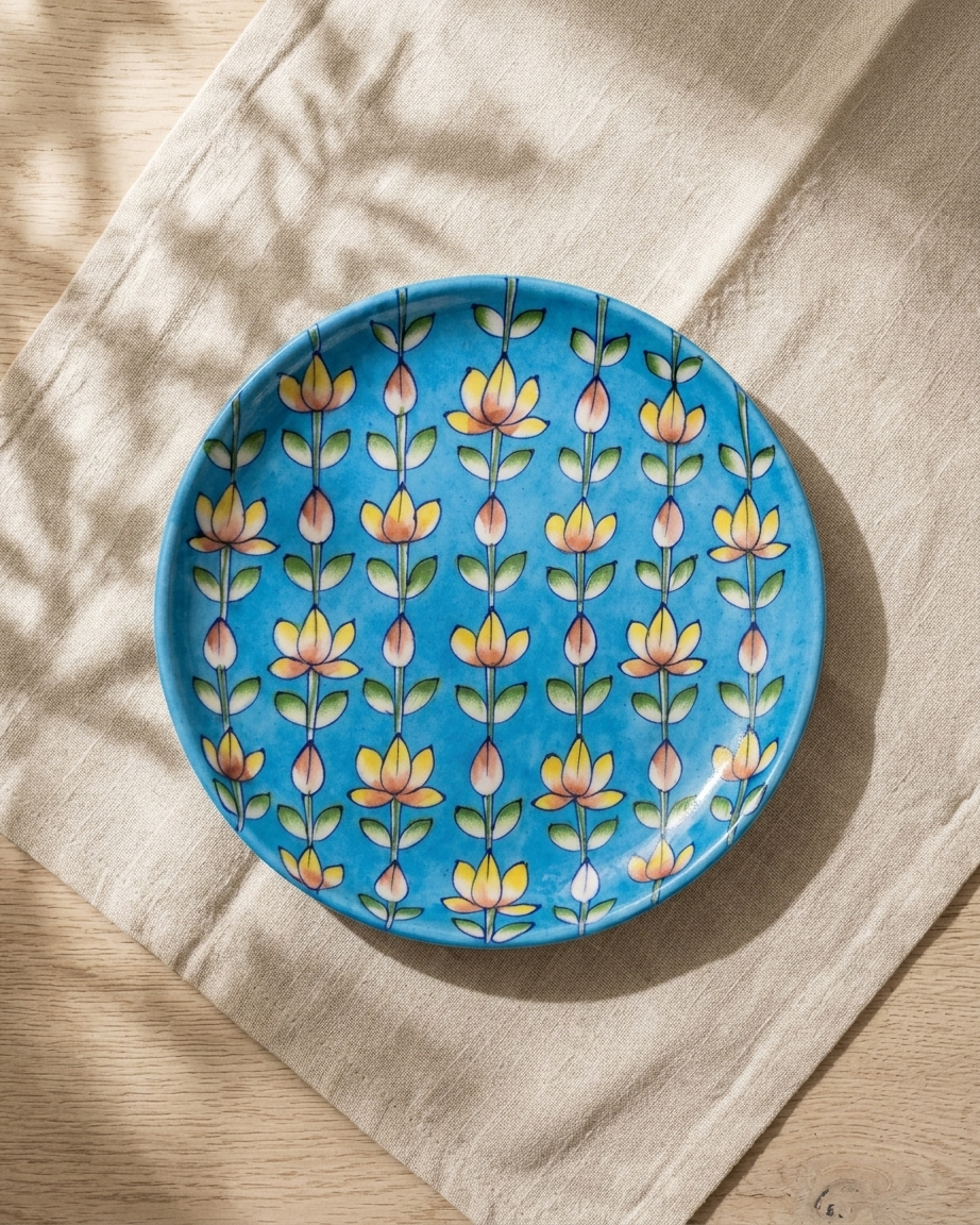 The Neelpushp Jaal Plate - Blue Pottery Round Plate
