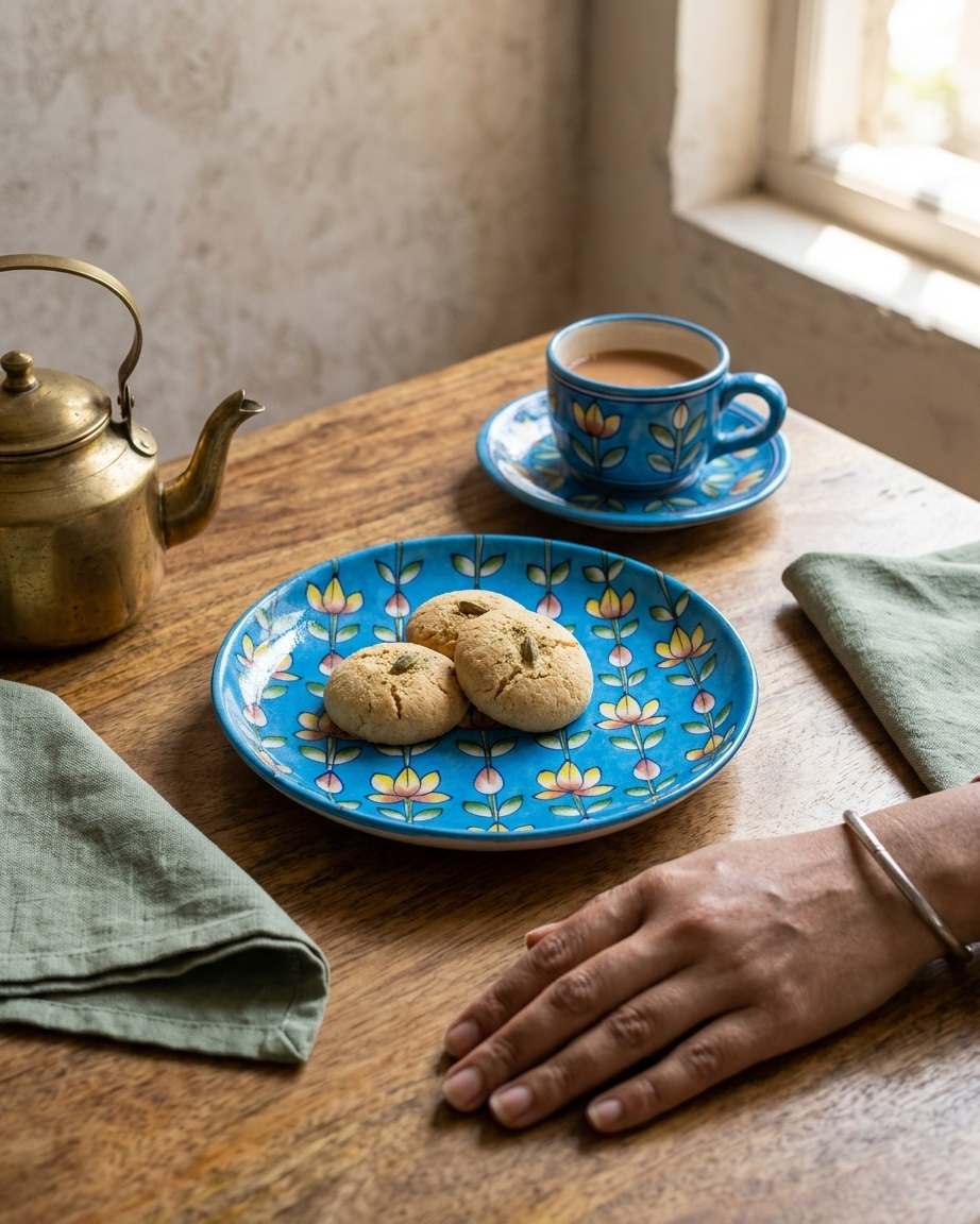 The Neelpushp Jaal Plate - Blue Pottery Round Plate