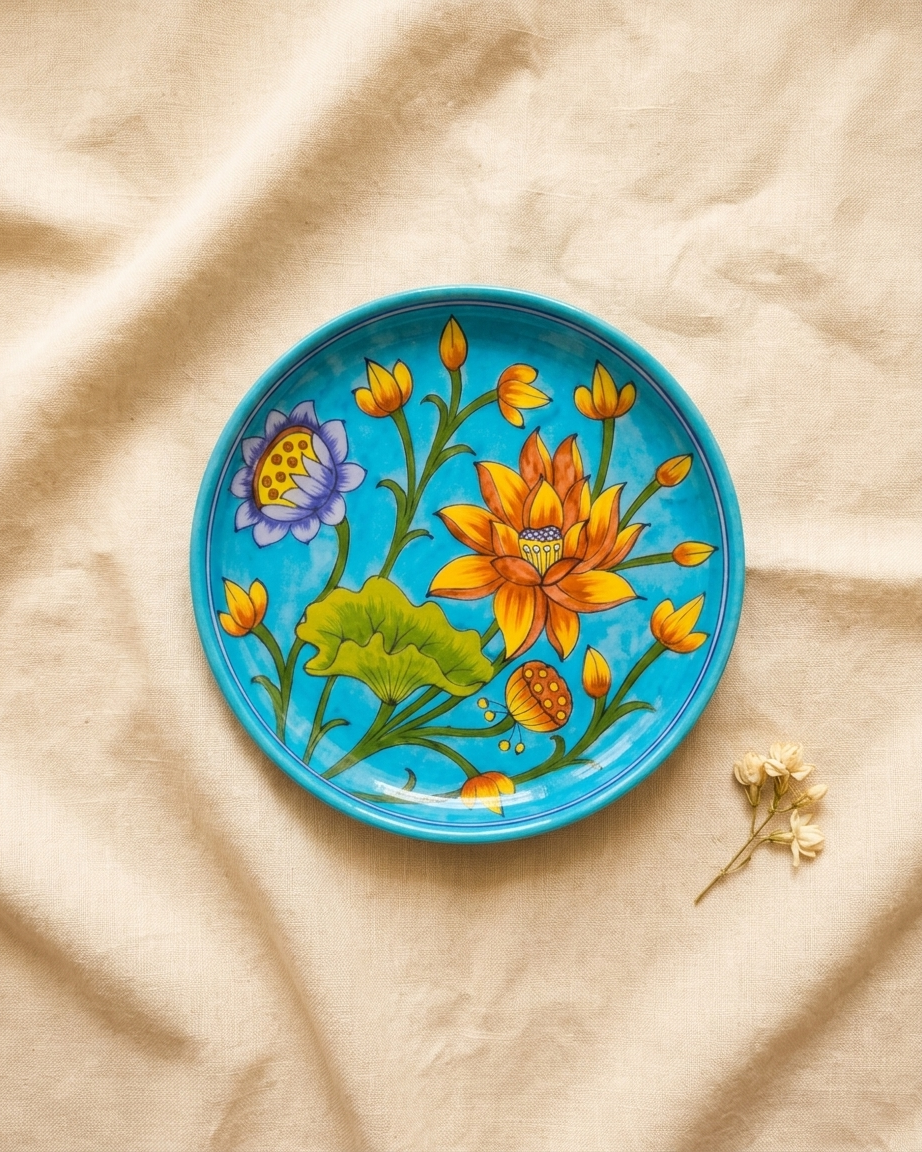 The Indra Pushp Plate - Blue Pottery Round Plate