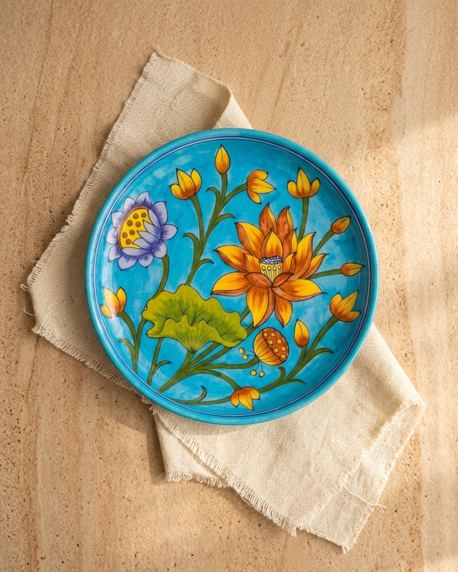 The Indra Pushp Plate - Blue Pottery Round Plate