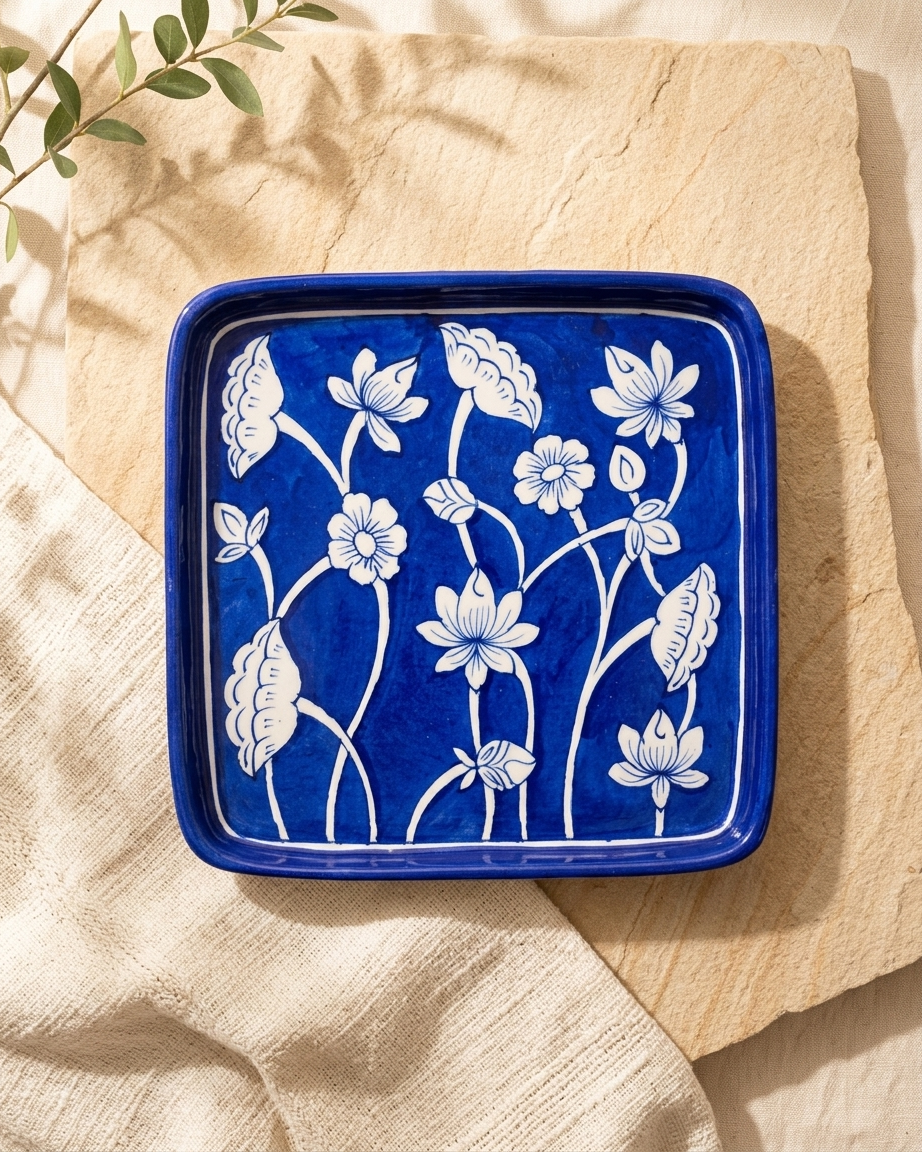 The Syahi Darbar Plate - Blue Pottery square plate