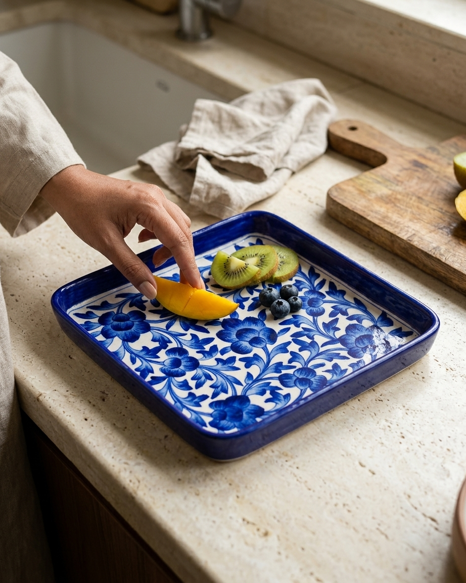 The Neelambari Darbar Plate - Blue Pottery square plate