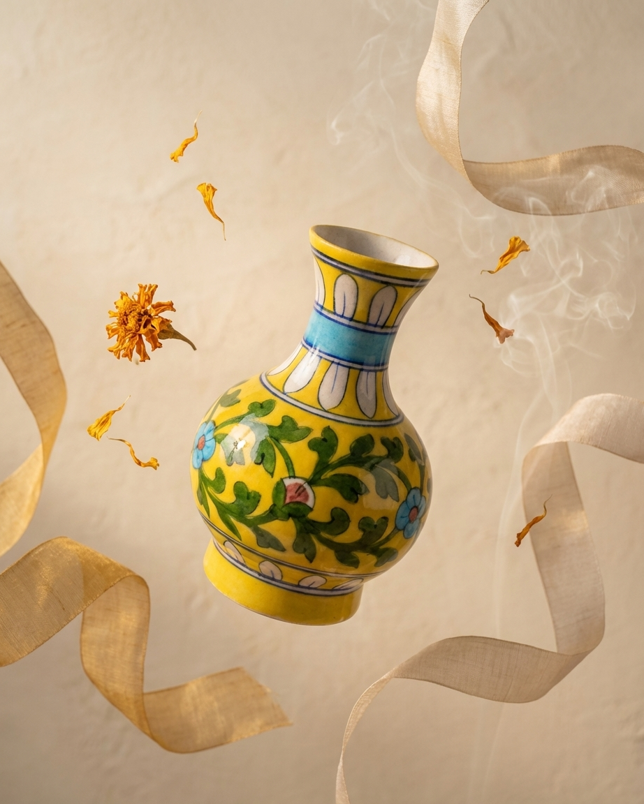 The Golden Hour Surahi - Hand-painted Blue Pottery Vase