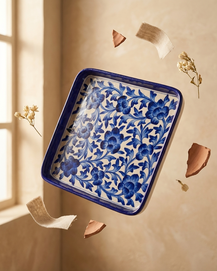 The Neelambari Darbar Plate - Blue Pottery square plate