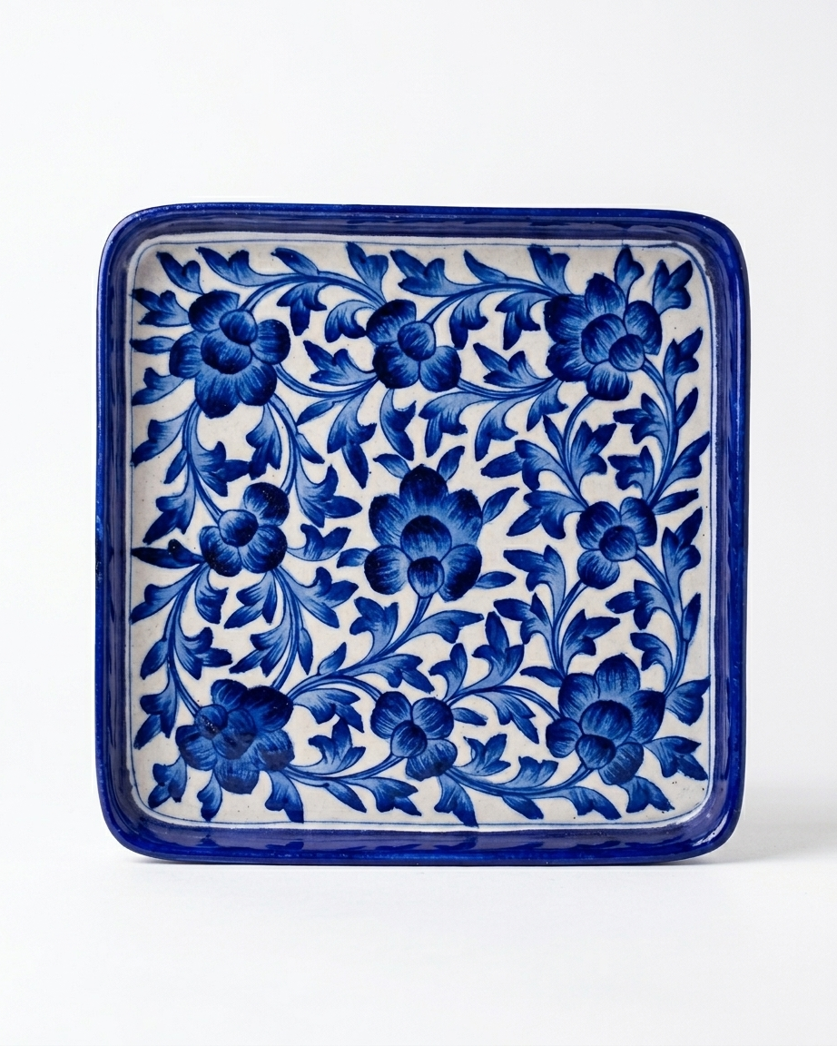 The Neelambari Darbar Plate - Blue Pottery square plate