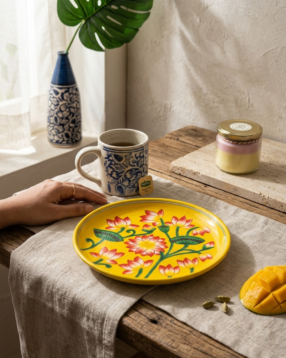 The Basant Bahaar Plate - Blue Pottery Round Plate
