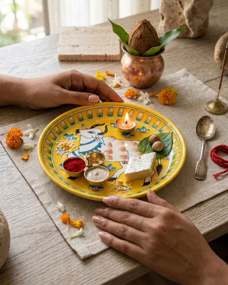 The Golden Gau Plate - Blue Pottery Round Plate